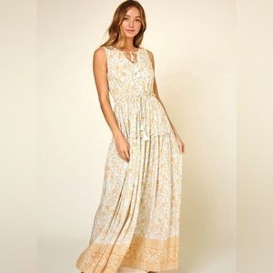 NWT Boho Floral Sleeveless Seafoam & Orange/Gold Print Tiered Maxi Dress Small